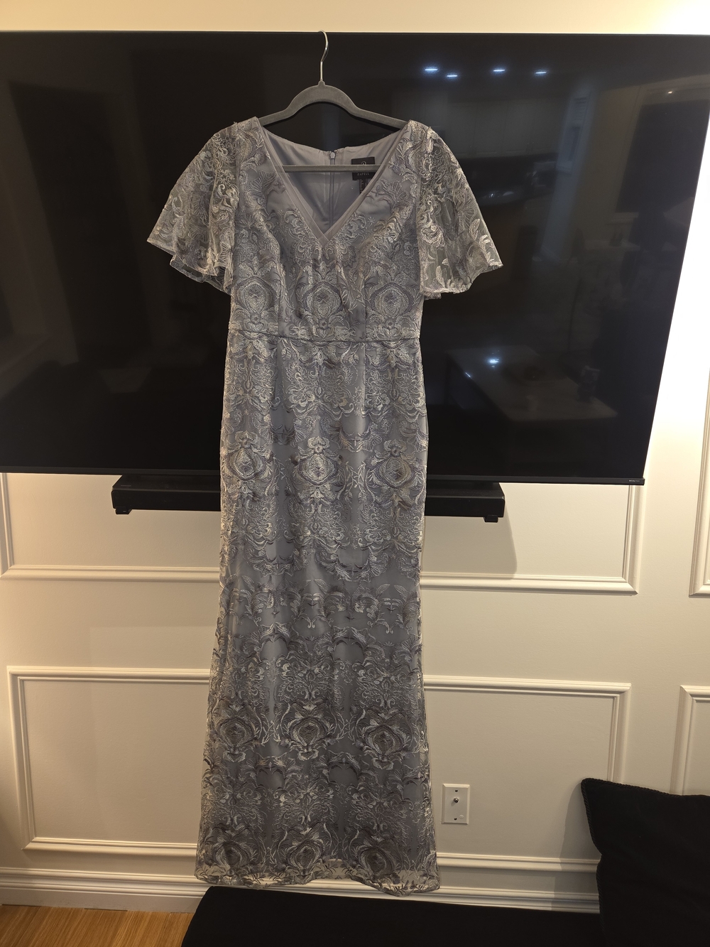 Silver Lace V-Neck Maxi Dress with Flutter Sleeves